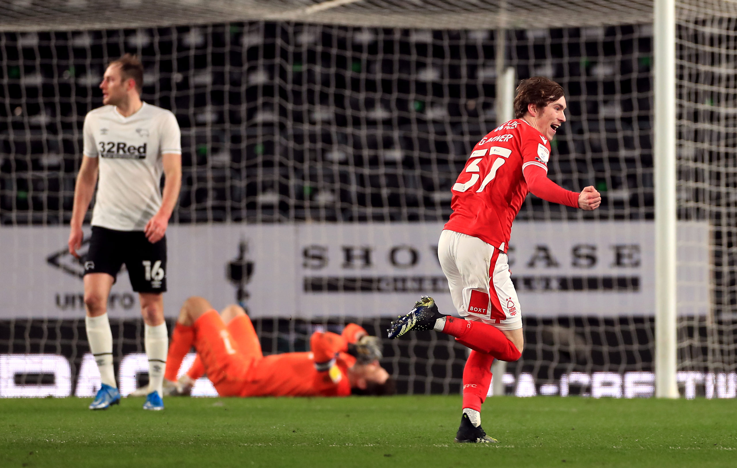 Nottingham Forest midfielder James Garner scores against Derby County
